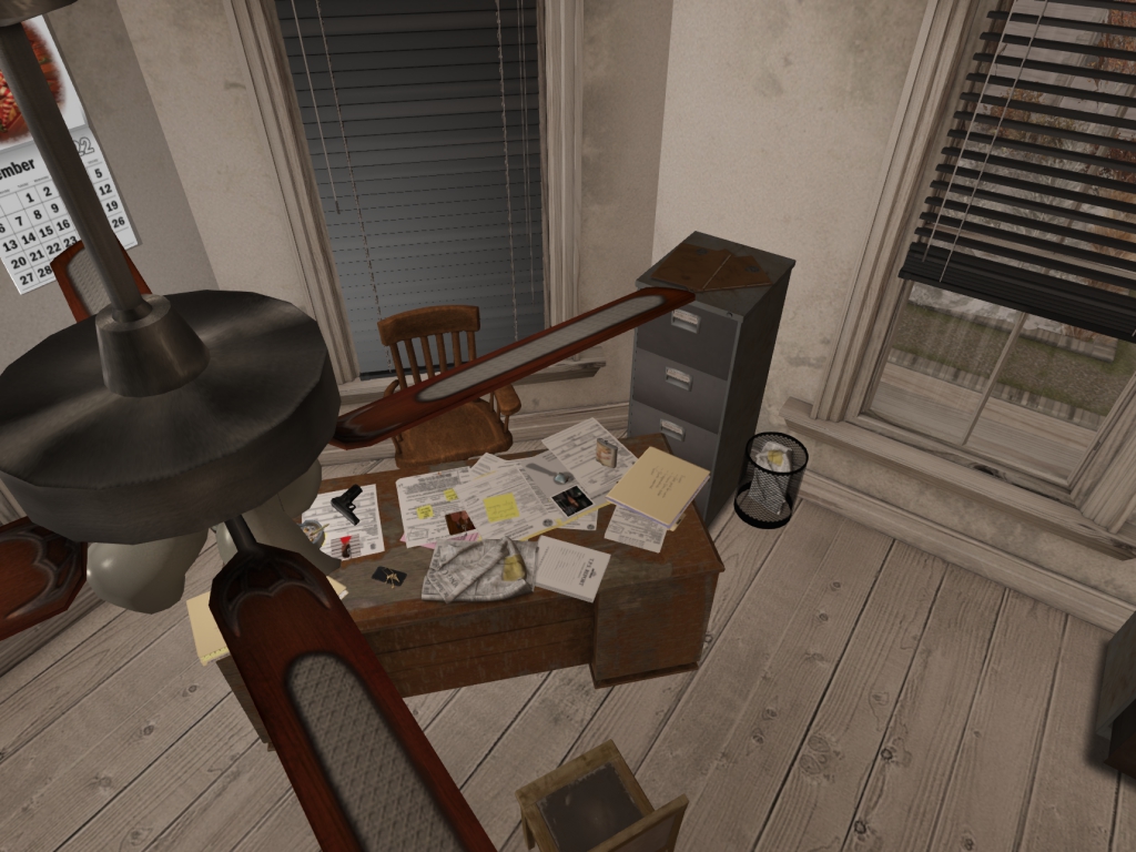 Bird's eye view of the interior of a classic noir detectives office